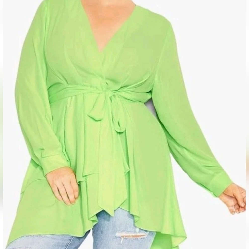 City Chic Shibara V-Neck Tunic Top Sheer Citrus Neon Green Belted Nwt Flawed 2X